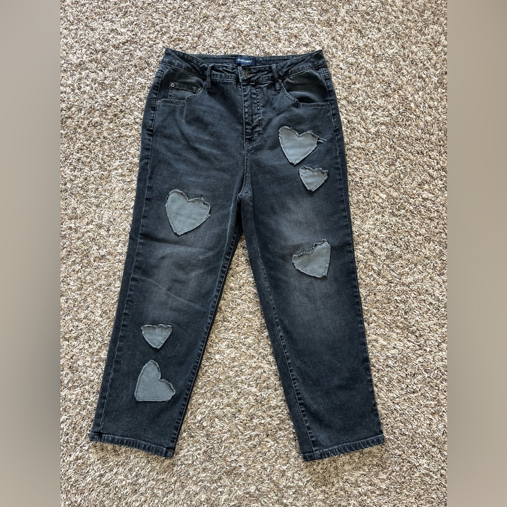 Studio Park Women’s 12 Straigth Jeans Black Heart Patches High Rise Dark Wash